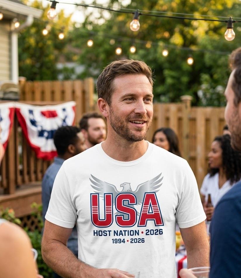 USA 2026 Football Fan T-Shirt | Add Your Name & Number | Host Nation 1994 to Now | Stars and Stripes Football Gift | Men Women Soccer Tee